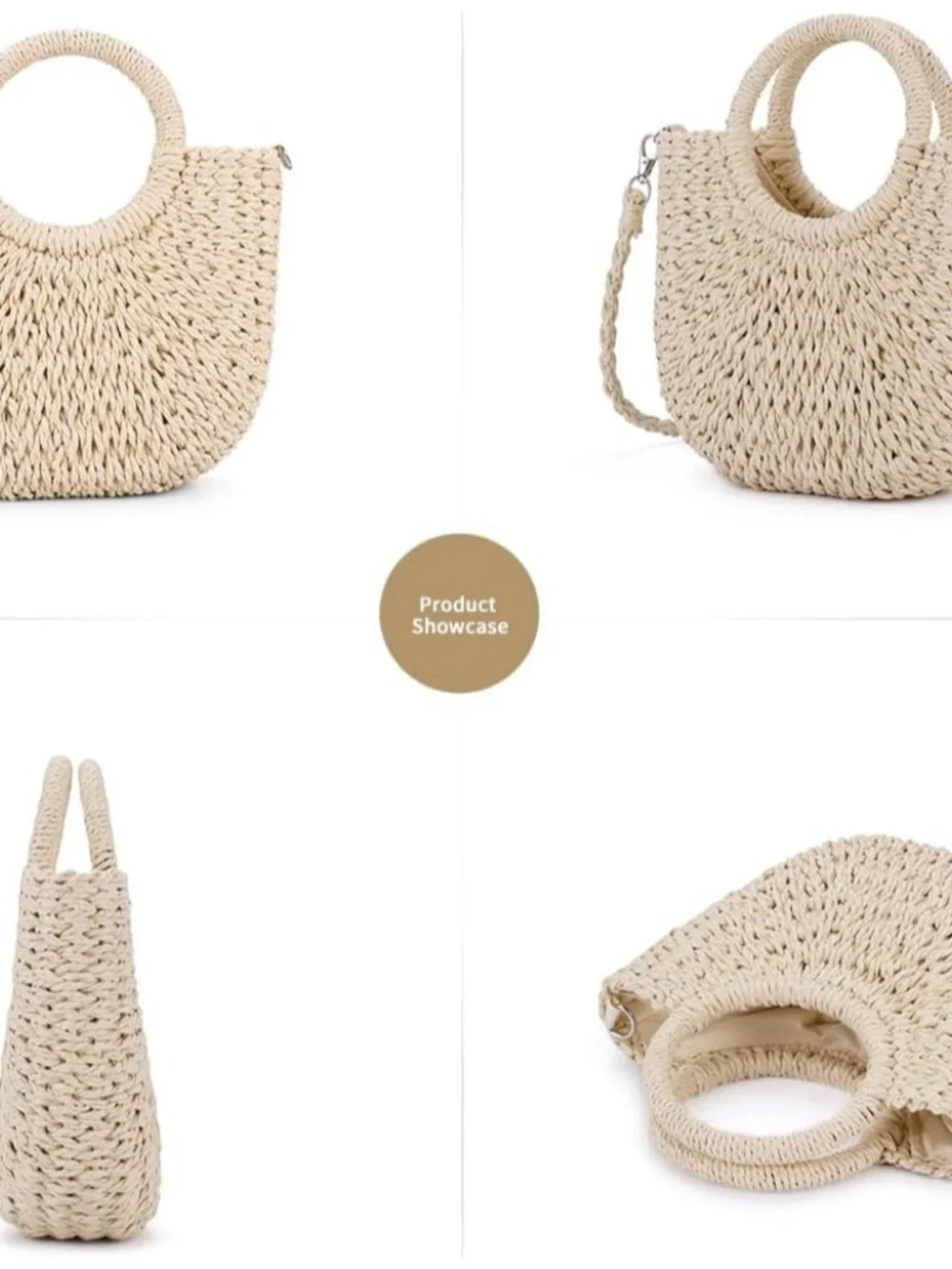 Straw Crochet Hobo Bag for Women, Handmade Purse with Top Handle Woven Half Moon_6